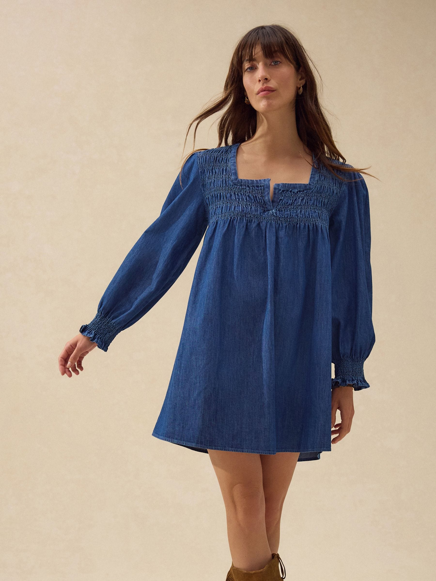 Mid Blue Lightweight Smock Denim 100% Cotton Mini Dress