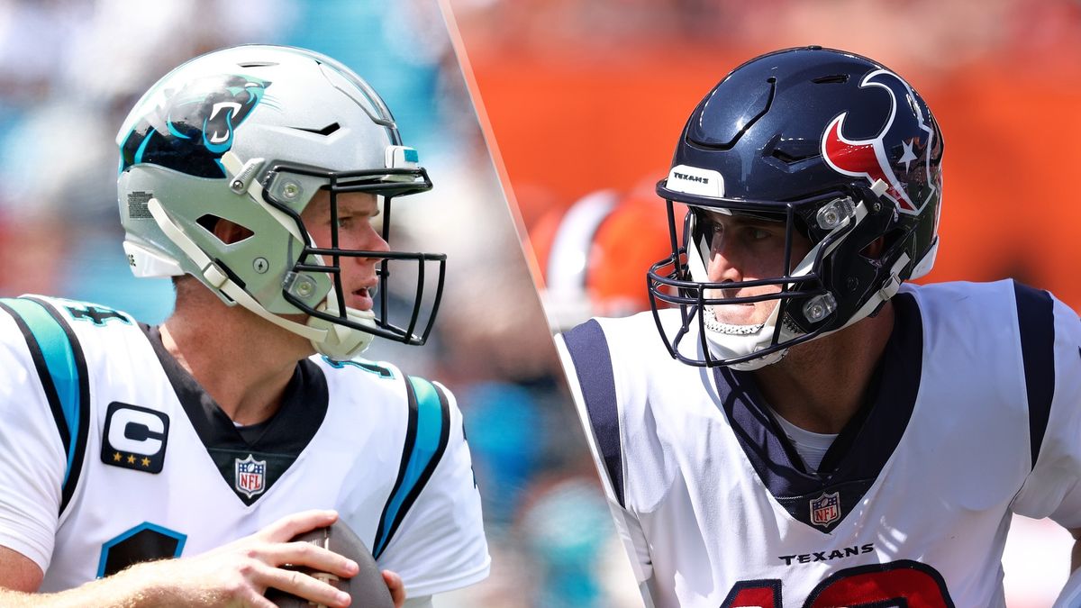 Sam Darnold #14 of the Carolina Panthers and Davis Mills #10 of the Houston Texans