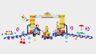 Lego Mario Kart course and racers on a plain background