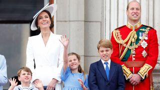 Prince Louis of Cambridge, Catherine, Duchess of Cambridge, Princess Charlotte of Cambridge, Prince George of Cambridge and Prince William, Duke of Cambridge watch a flypast from the balcony of Buckingham Palace