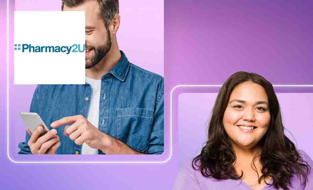 Pharmacy2U Logo placed over an edit of two people smiling and one on their phone with purple background