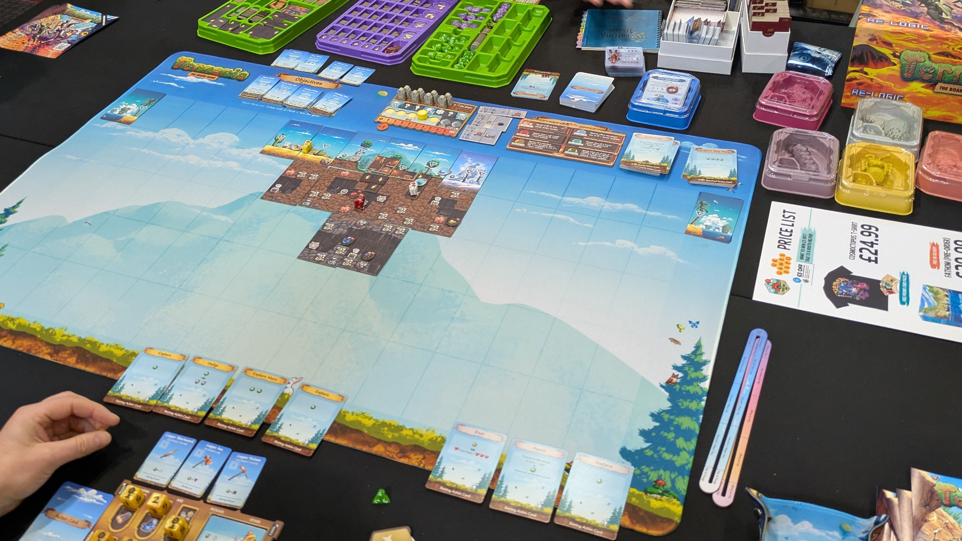 Terraria board game board, cards, and components laid out on a table