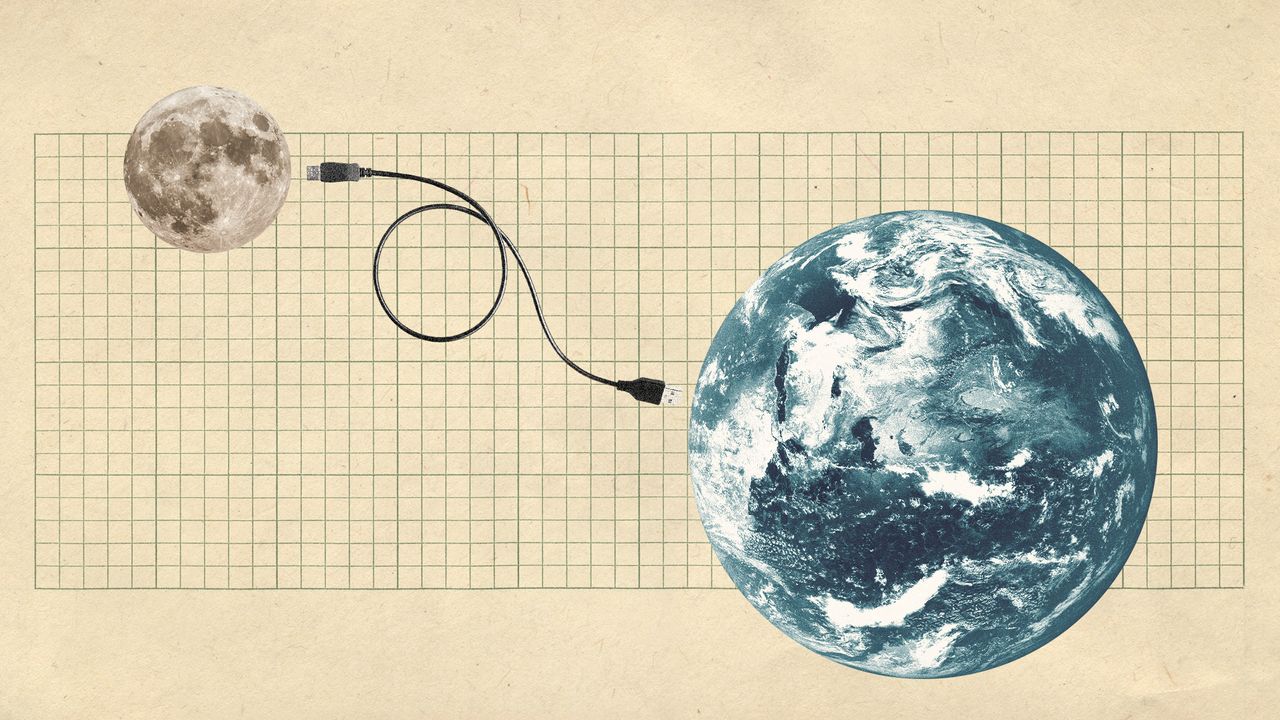 Photo collage of the Earth and the Moon, connected by a USB cable