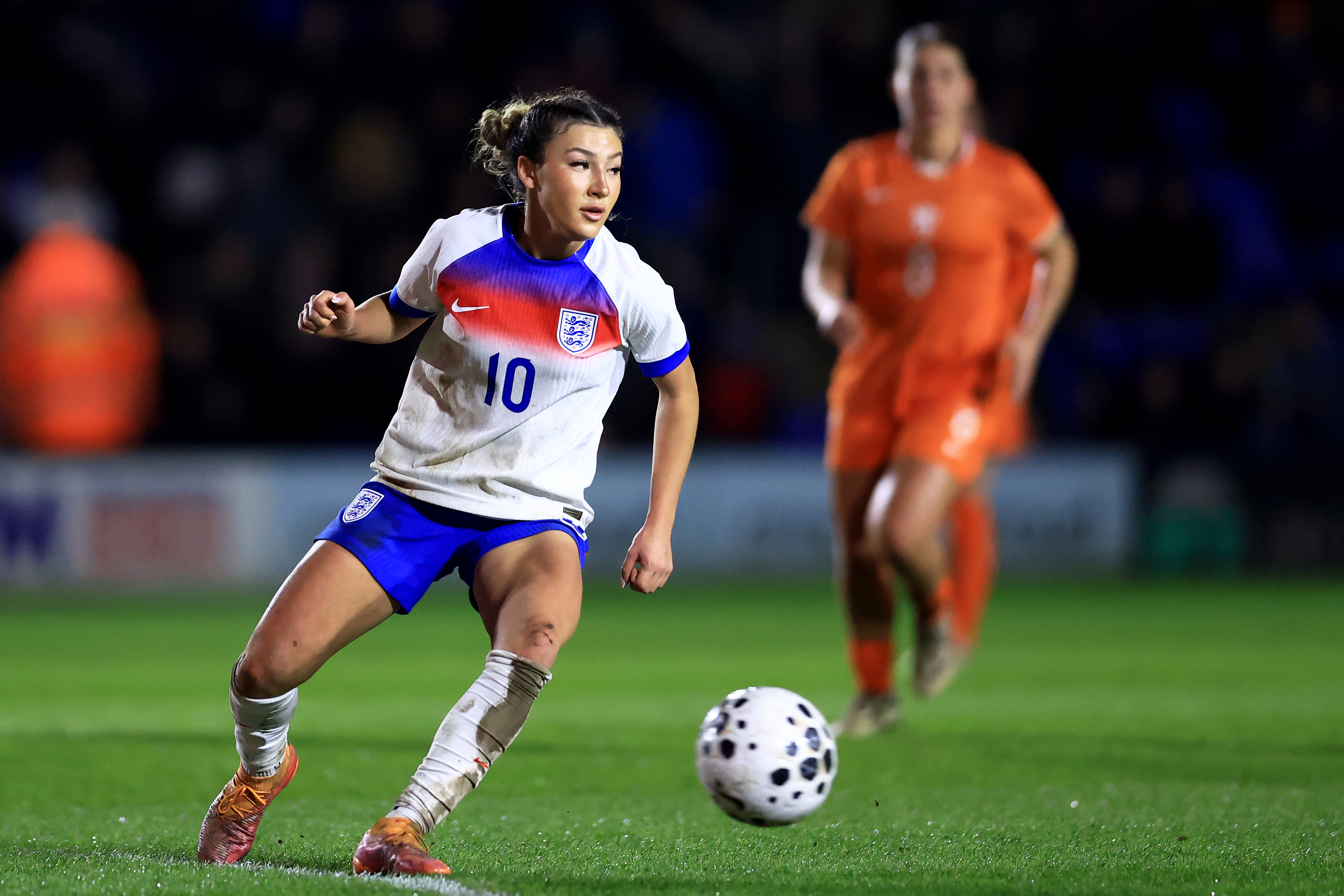 Erica Meg Parkinson of England looks on during the U23 Women's International match between England and Netherlands at Croud Meadow on March 06, 2026 in Shrewsbury, England.