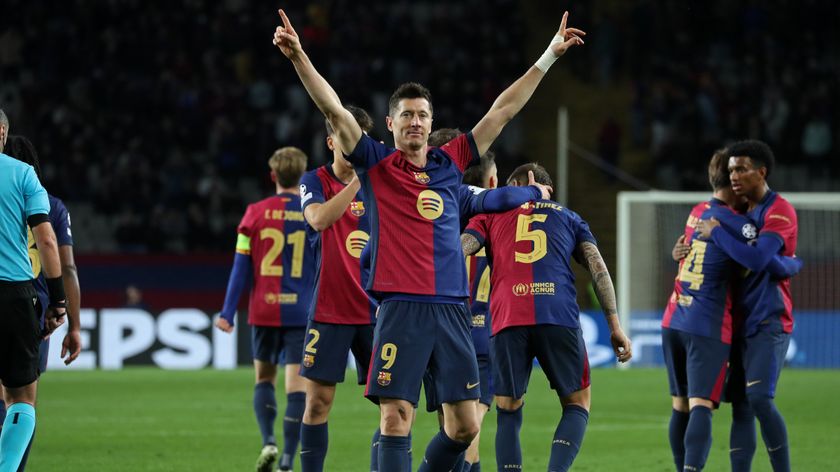 Barcelona players celebrate after their Champions League win over Brest