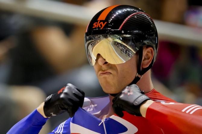 Focus of a champion... Sir Chris Hoy before the men's sprint at the UCI Track World Championships in Melbourne