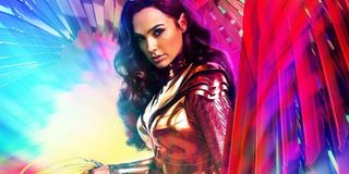 Wonder Woman 1984 Gal Gadot in her armor, standing in colorful patterns