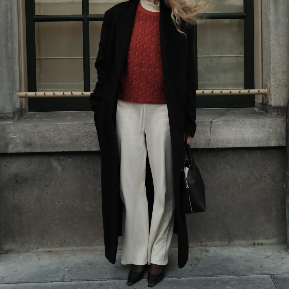 woman in winter white pants