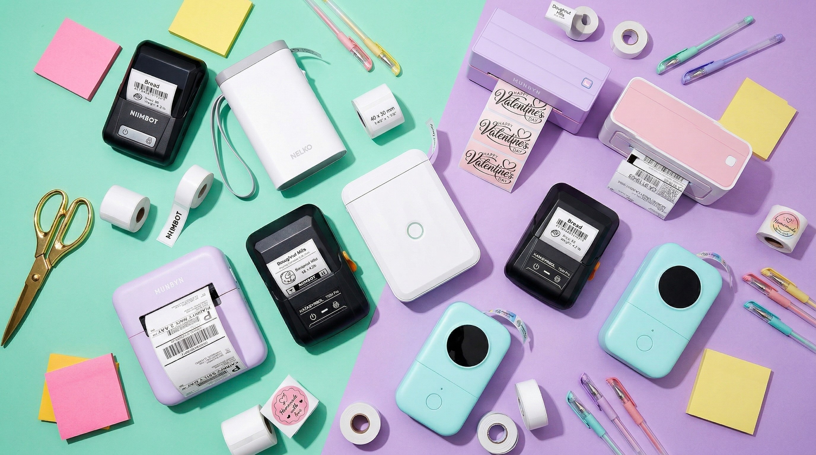a group of different label makers on a purple and green background laid out with stationery items like pens and post it notes