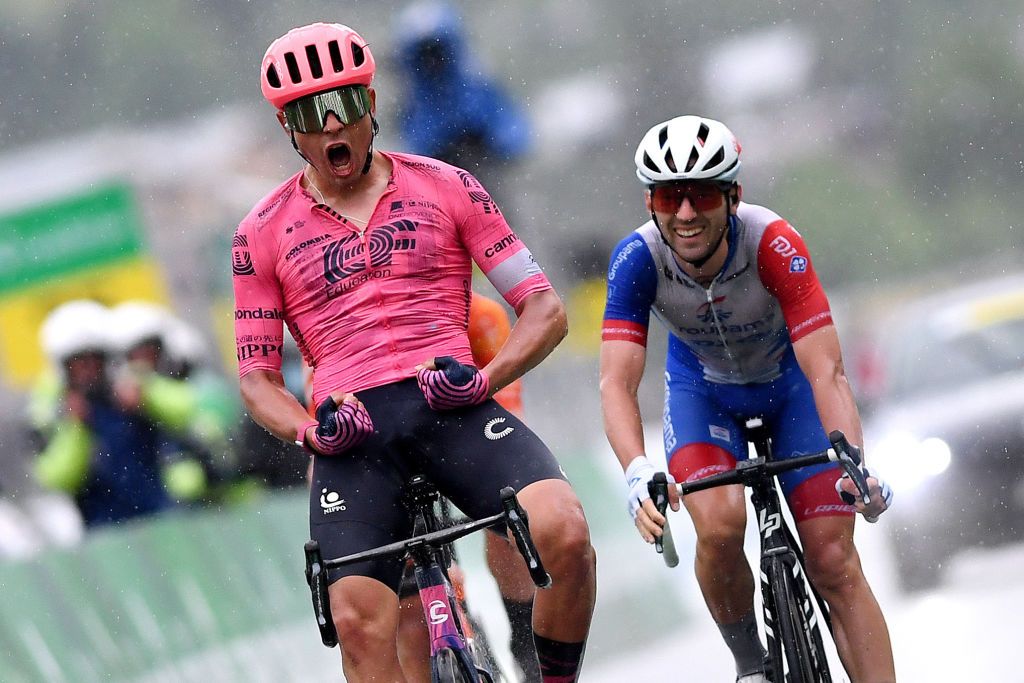 GSTAAD SWITZERLAND JUNE 09 Stefan Bissegger of Switzerland and Team EF Education Nippo celebrates at arrival ahead of Benjamin Thomas of France and Team Groupama FDJ during the 84th Tour de Suisse 2021 Stage 4 a 171km stage from St Urbanto Gstaad 1004m UCIworldtour tds tourdesuisse on June 09 2021 in Gstaad Switzerland Photo by Tim de WaeleGetty Images