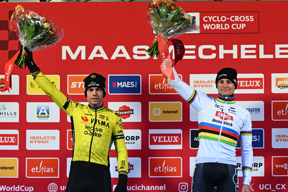 Van der Poel and Van Aert on the podium at the UCI Cyclocross World Cup in Maasmechelen