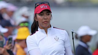 takes a shot during a practice round for the Solheim Cup