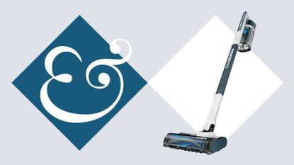 Shark PowerPro Pet cordless vacuum on tile background next to Homes & Gardens '&' logo.