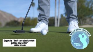 Putting with a lab image with a quote from Sam Hahn and Smarter Swing badge