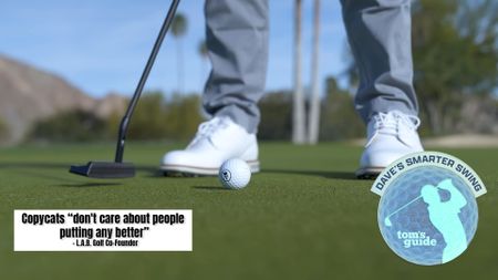 Putting with a lab image with a quote from Sam Hahn and Smarter Swing badge