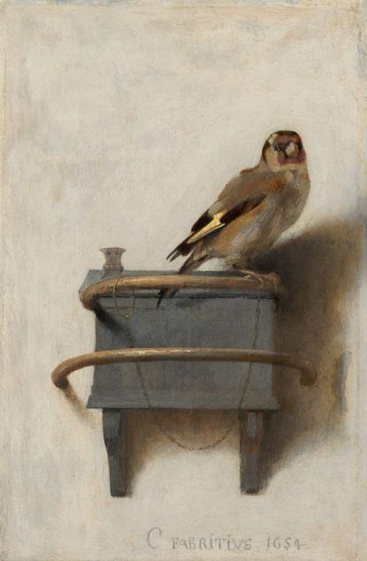 The Goldfinch, 1654 (oil on panel) by Fabritius, Carel (1622-54); 33.5x22.8 cm; Mauritshuis, The Hague, The Netherlands.