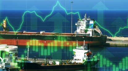 Oil tanker operations at Mutrah port combined with digital stock chart market instability in the Gulf region