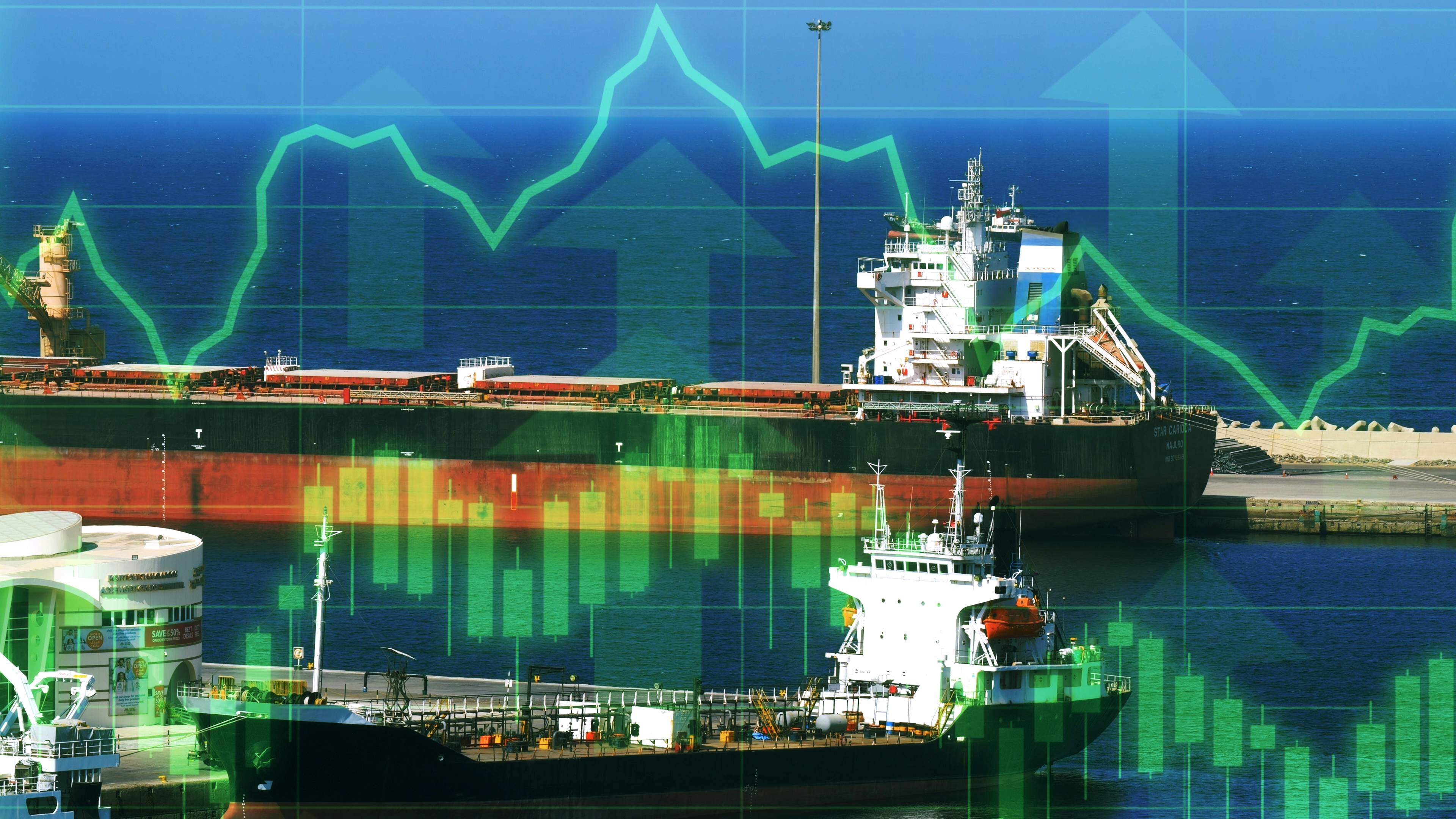 Oil tanker operations at Mutrah port combined with digital stock chart market instability in the Gulf region