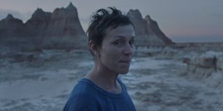 Nomadland Frances McDormand smiles in front of wide open spaces