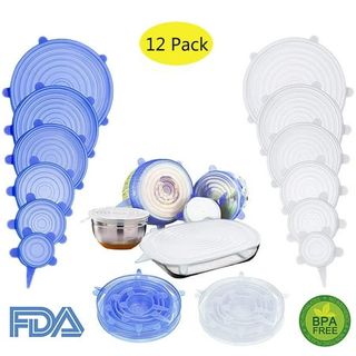 12 Pcs Silicone Stretch Lids in blue and white round shapes