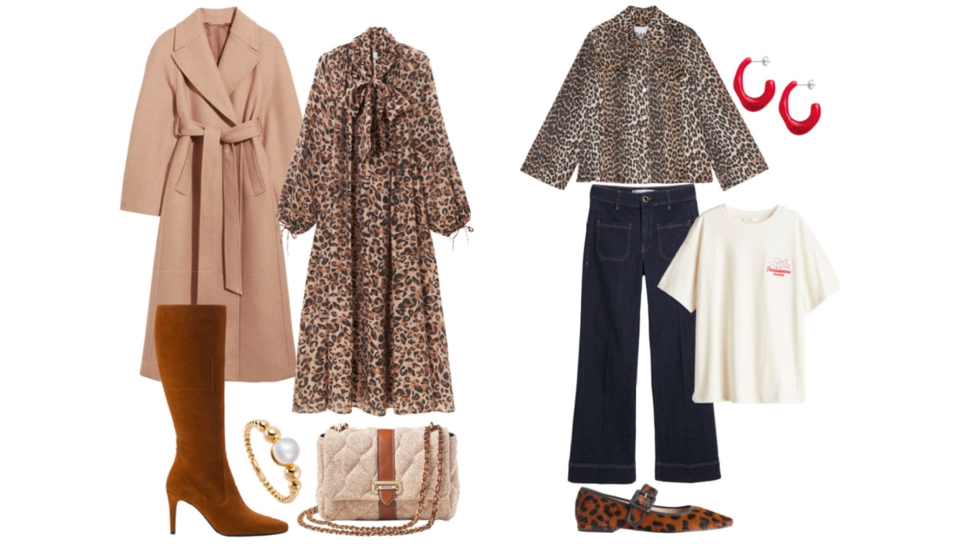 Two outfit idea flatlays with leopard print clothing