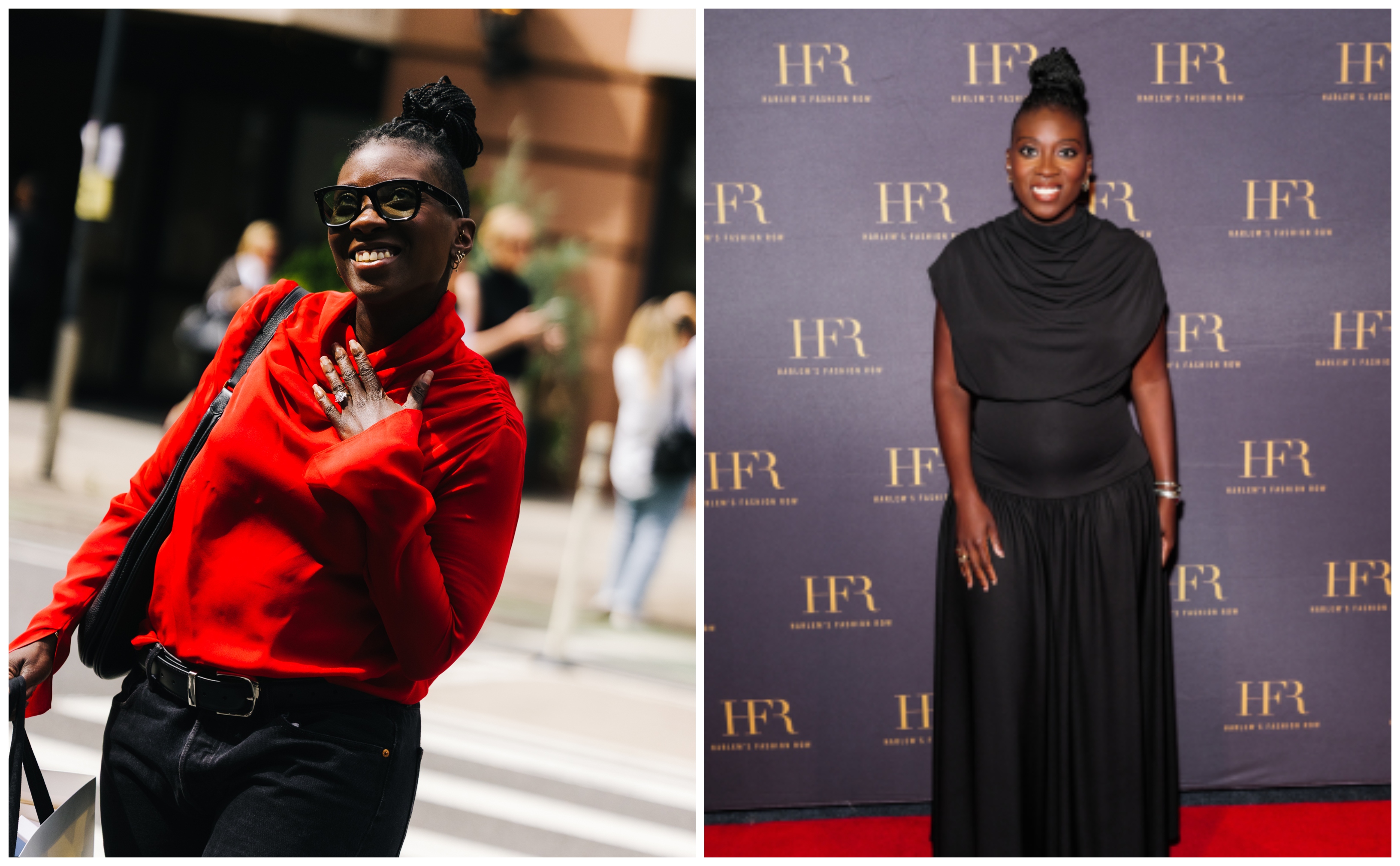 Nikki Ogunnaike wearing a red top and jeans; Nikki Ogunnaike wearing a black dress at Harlem Fashion Row