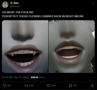 A post that reads: "OH WHAT THE FUCK NO YOSHIP PUT THOSE FUCKING CANINES BACK IN RIGHT MEOW"