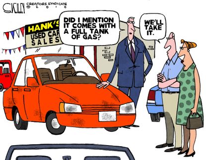 Editorial cartoon U.S. used car sale gas