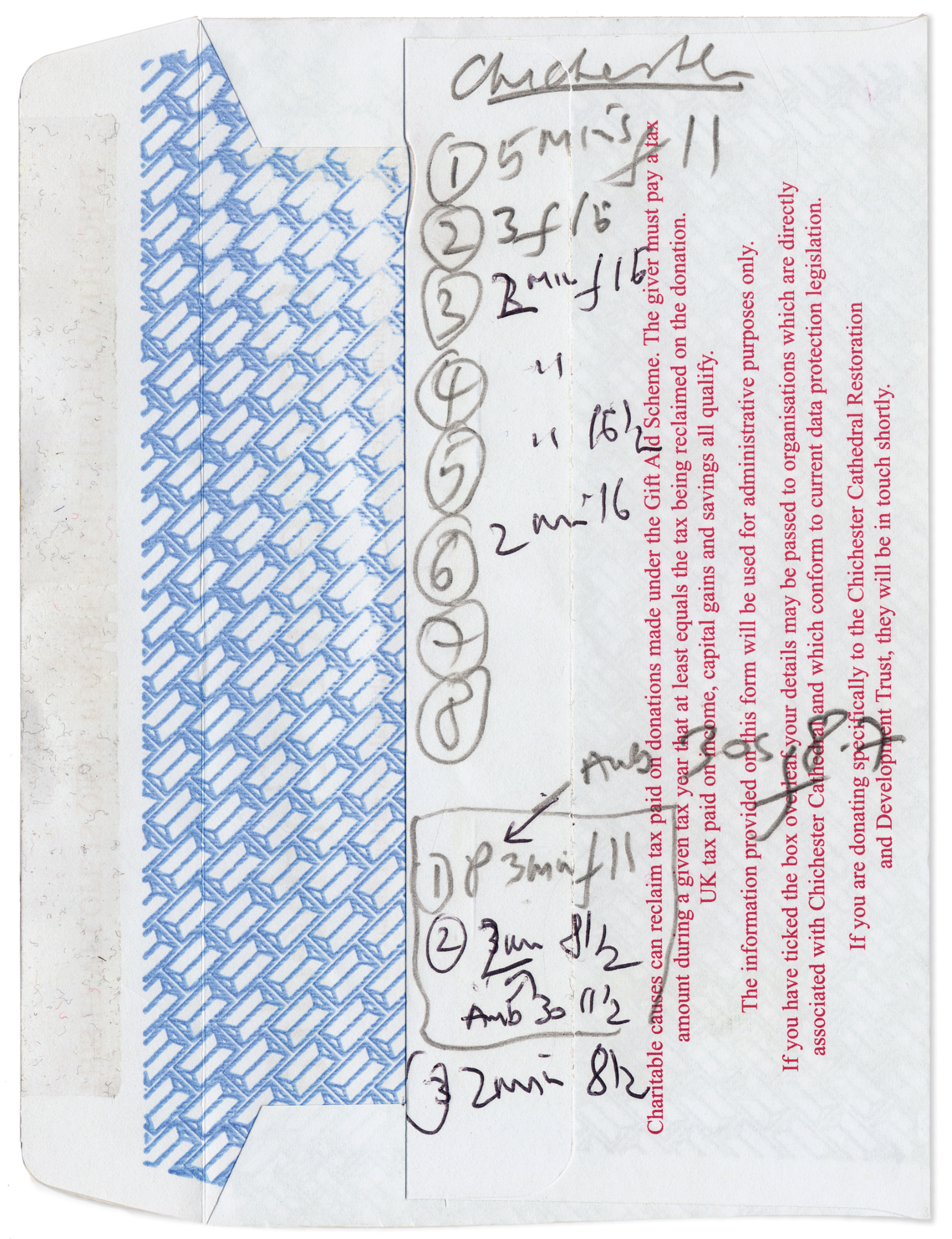 A Rochester Cathedral visitor comment form repurposed by Marlow as an exposure log, with numbered shots, timings and handwritten comments filling the table.