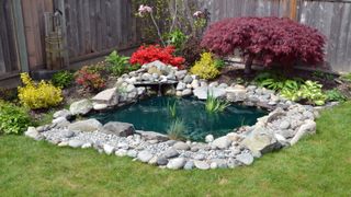 Water feature with stones and grass around it