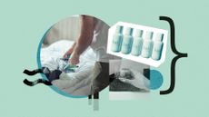 Photo collage of a man unpacking in a hotel room, close-up of a hand taking travel toiletries out of a bag, and a product shot of a Kai travel mini set