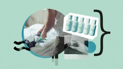 Photo collage of a man unpacking in a hotel room, close-up of a hand taking travel toiletries out of a bag, and a product shot of a Kai travel mini set