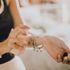 Woman spraying perfume onto her wrist