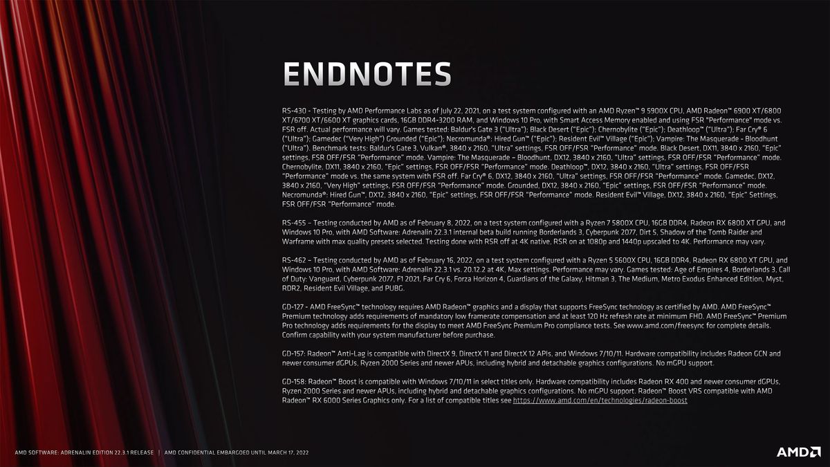 Slide deck for AMD Software Adrenalin Edition 22.3.1 with RSR and FSR 2.0