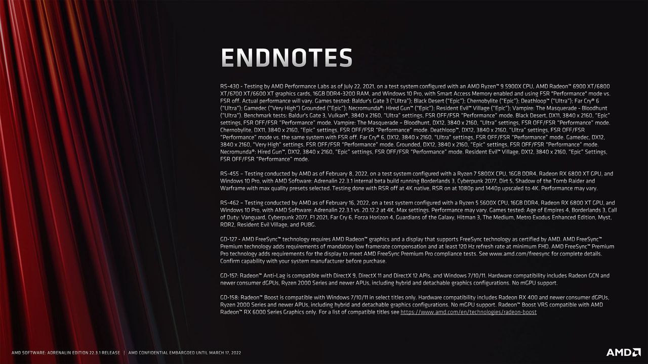 Slide deck for AMD Software Adrenalin Edition 22.3.1 with RSR and FSR 2.0