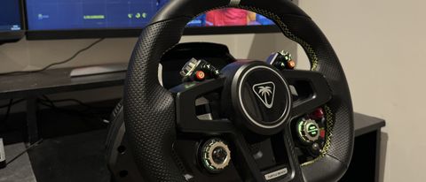 A close up of the wheel of the Turtle Beach VelocityOne Race Wheel and Pedal set