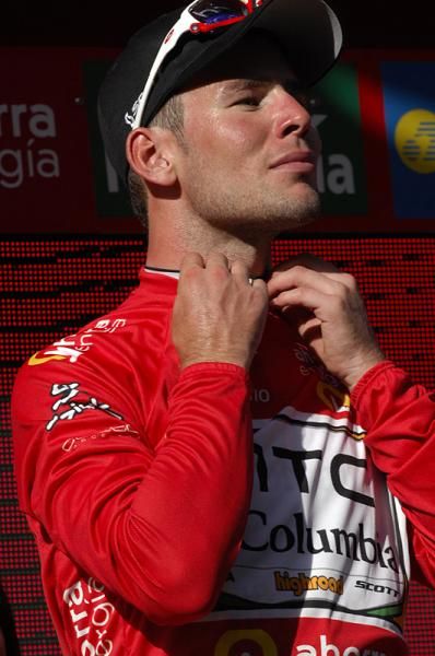 Mark Cavendish (HTC-Columbia) as red as his leader's jersey after a sweltering day in Spain.