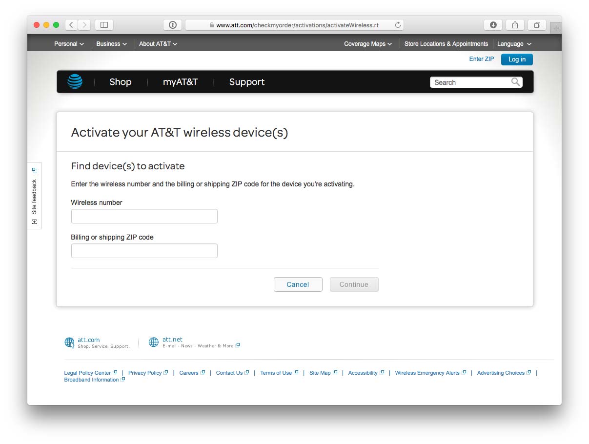 AT&T's online activation site