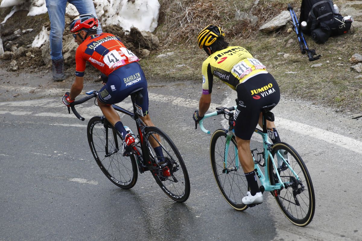 Vincenzo Nibali and Primoz Roglic mark each other on the climb