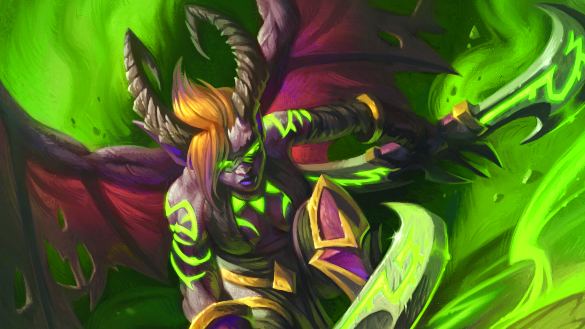 Art from Dungeons &amp; Dragons: World of Warcraft featuring a winged illidari warrior wielding two fel-green glaives.
