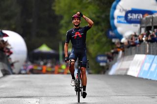 CAMIGLIATELLO SILANO ITALY OCTOBER 07 Arrival Filippo Ganna of Italy and Team INEOS Grenadiers Celebration during the 103rd Giro dItalia 2020 Stage 5 a 225km stage from Mileto to Camigliatello Silano 1275m girodiitalia Giro on October 07 2020 in Camigliatello Silano Italy Photo by Stuart FranklinGetty Images