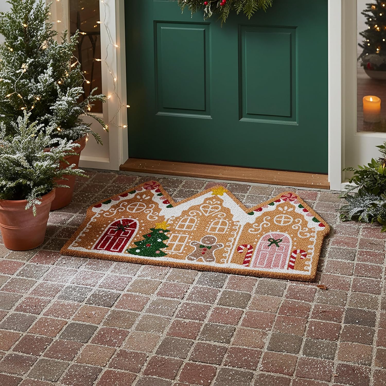 Mehru Christmas Gingerbread House Shaped Coir Doormat, Decoration Holiday Welcome Mat With Christmas Tree Design, Christmas Decorations Washable Door Mat, Festive Front Door Mat for Indoor/outdoor Use