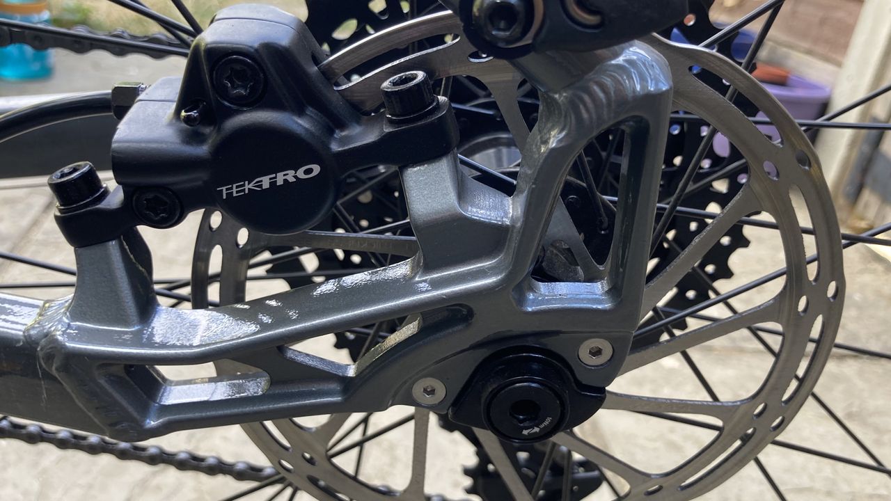 A close-up of the disc brakes on a Ribble Hybrid AL Trail