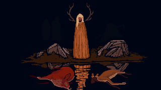A shaman looms over a lake showing two deer, about to plunge herself into the spirit world in Death Howl.