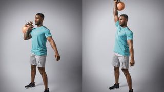 Man demonstrates two positions of the kettlebell overhead press