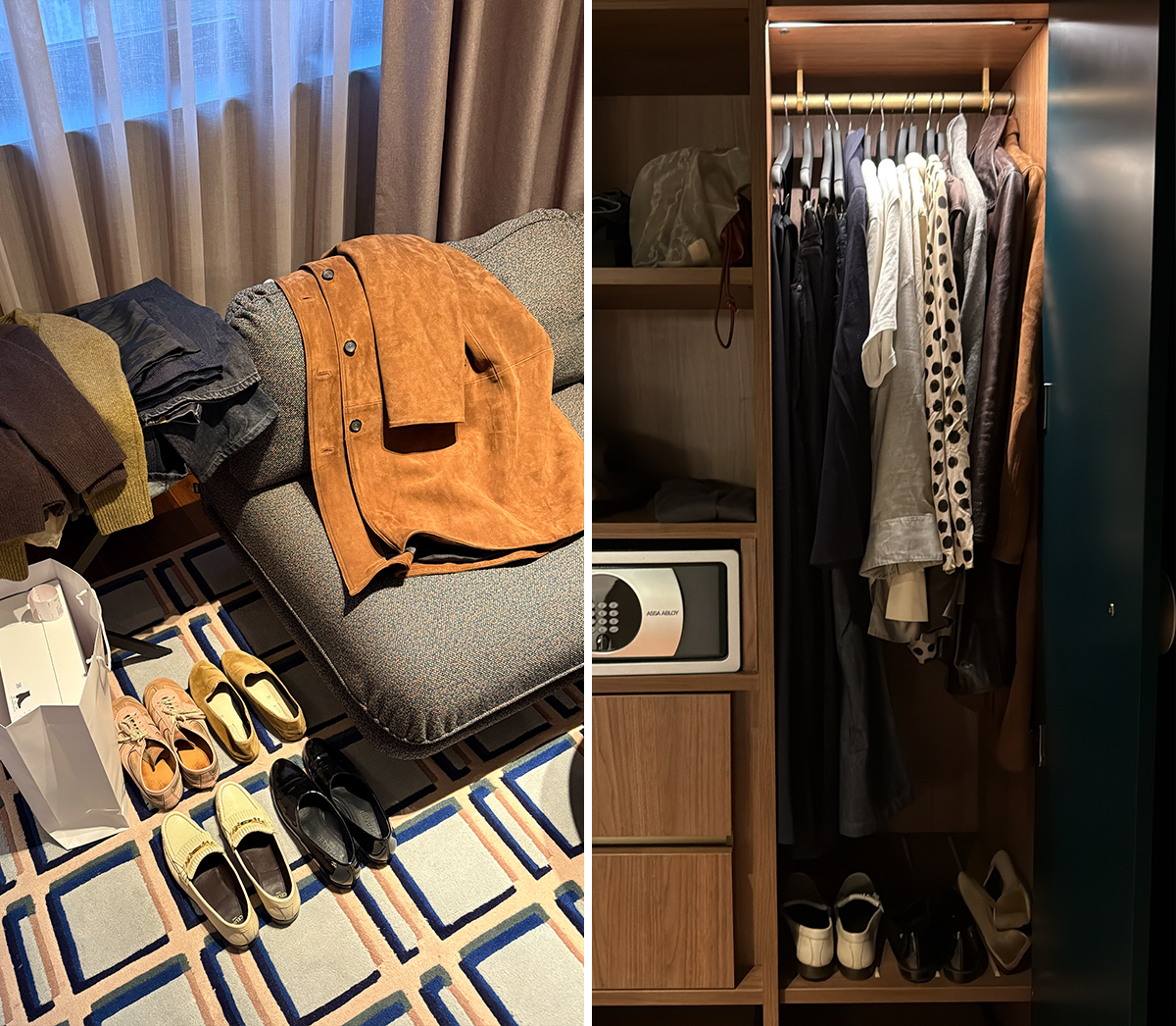 Clothing on furniture and in a closet in a room at Casa Brera in Milan.