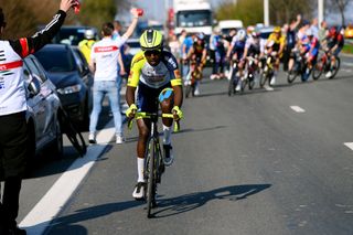 HARELBEKE BELGIUM MARCH 25 Hailu Biniam Girmay of Eritrea and Team Intermarch Wanty Gobert Matriaux competes in the breakaway during the 65th E3 Saxo Bank Classic 2022 a 2039km one day race from Harelbeke to Harelbeke E3SaxobankClassic WorldTour on March 25 2022 in Harelbeke Belgium Photo by Tim de WaeleGetty Images