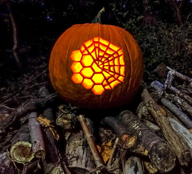 The James Webb Web level 3 pumpkin-carving template features the James Webb Space Telescope&#039;s giant golden mirror, which consists of 18 individual hexagons. Half of the pattern incorporates a spider web overlay, making it the most difficult of the carving templates. 