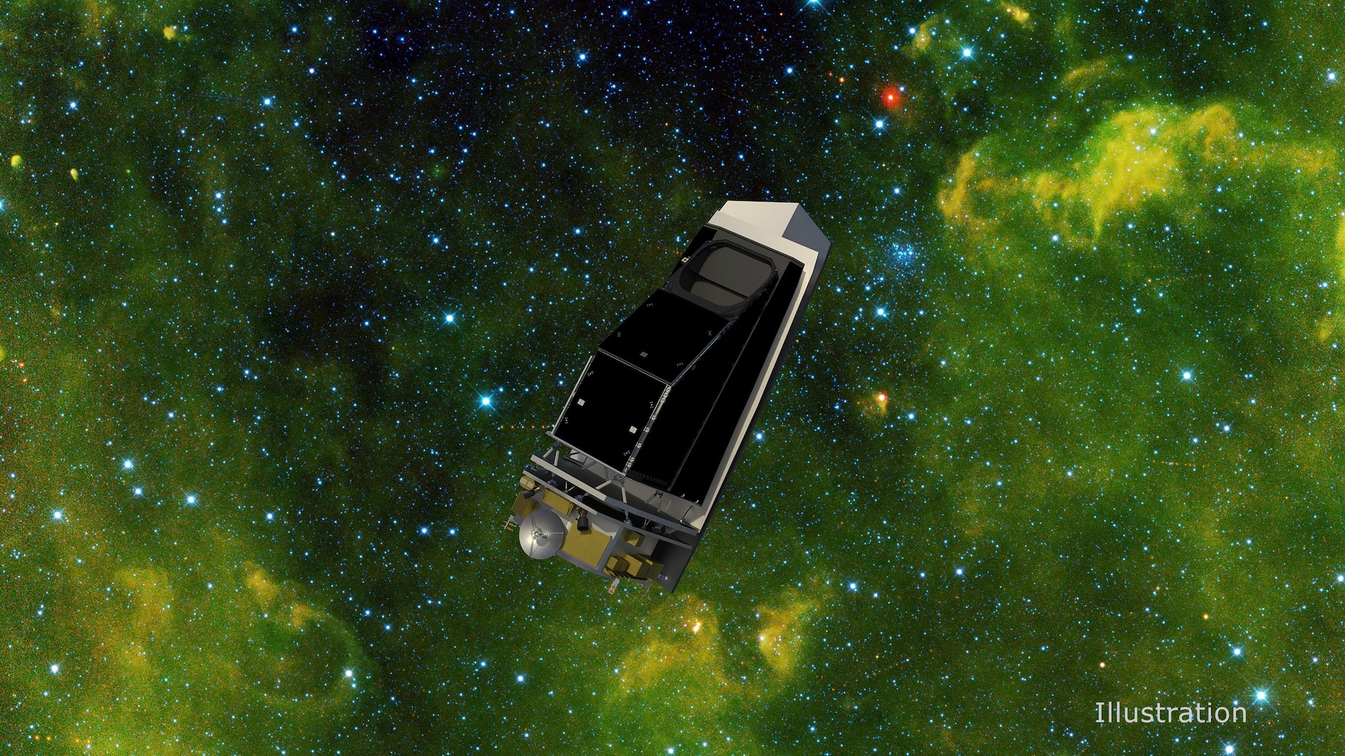 NASA Space Technology In this illustration showing NEO Surveyor, NASA's next-generation near-Earth object hunter, the spacecraft floats in an infrared starfield containing stars, star clusters, gas, and dust. More than 100 asteroids can be seen as red dots, with some of them visible in a track that shows how they were captured at different times as they marched across the sky.