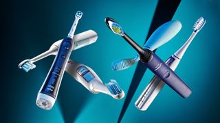 A collection of the best electric toothbrushes on an abstract blue background
